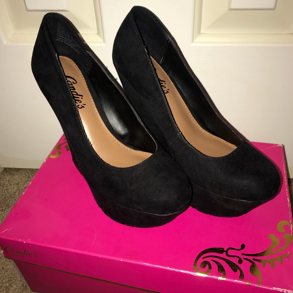 Candies Black Suede Wedge Heels